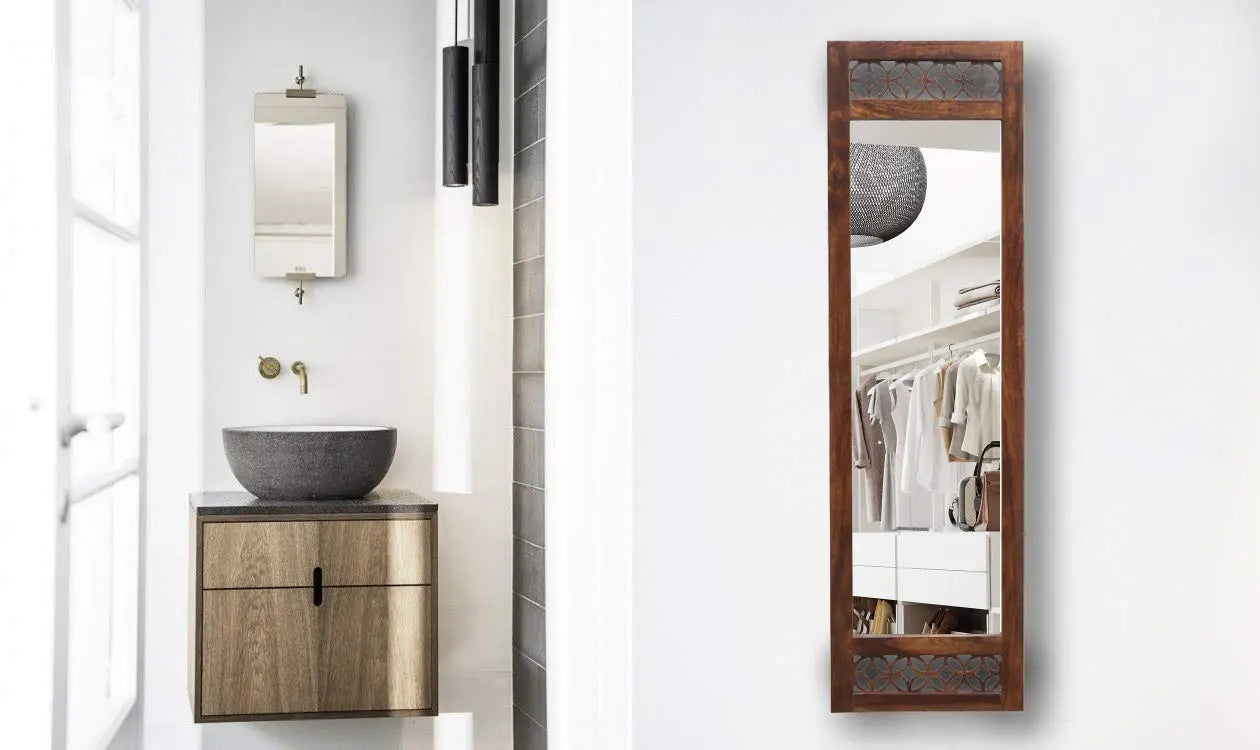 Durque Full Length Mirror with Carved Sheesham Wood Frame - Provincial Teak Finish 