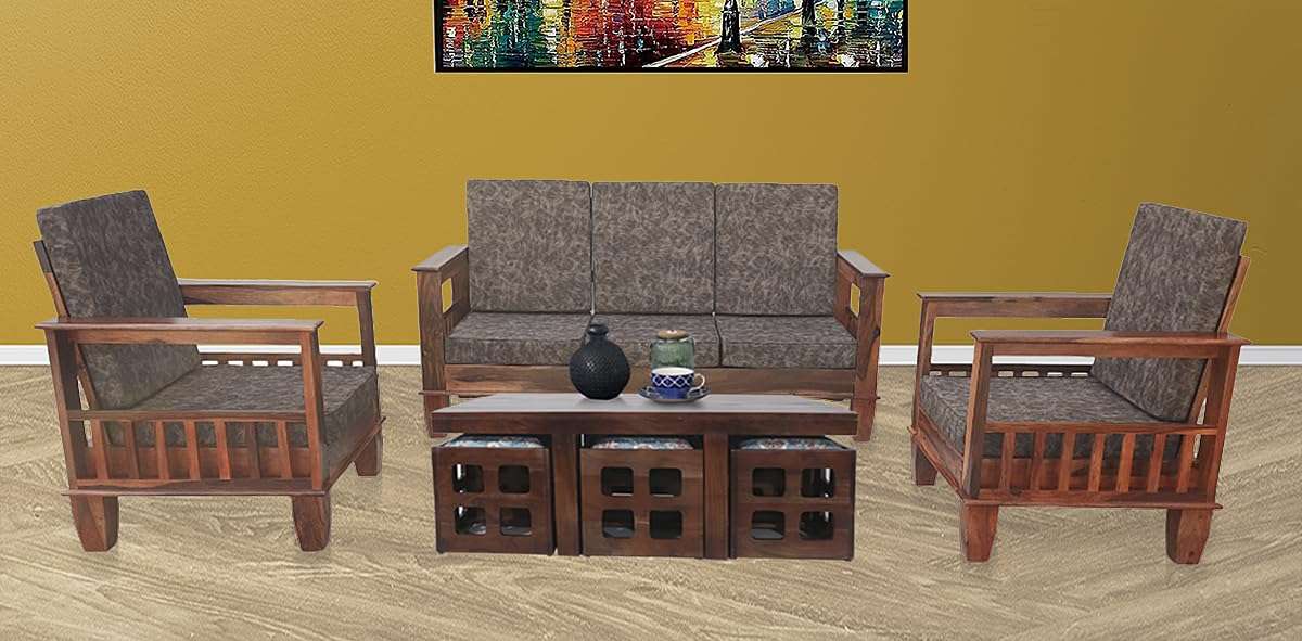 APRODZ Kitarp Sheesham Wood 5 Seater Sofa Set 3+1+1 for Living Room with Seat & Back Cushion (Suede Upholestry)