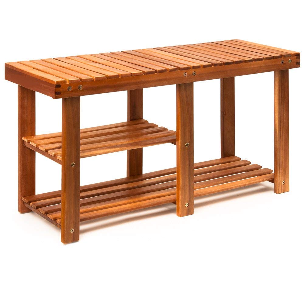 Wooden Shoe Rack Storage Bench 3 Tier for Hallway Organiser Cabinet Seat Natural Acacia Wood Small Narrow Shelf Load Capacity 87x28x45cm