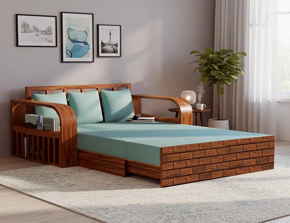 Sheesham Wood Sofa Cum Bed, 3 Seater with Blue Upholstery (75 x69 x30 Inch)  Sheesham Wood Sofa Cum Bed (3 Seater)