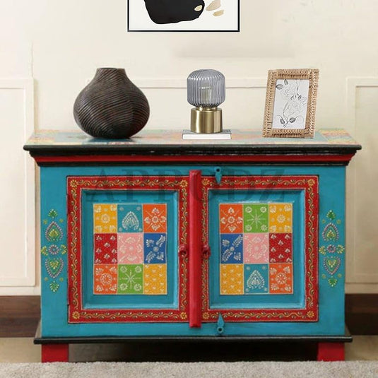 Translation missing: en.Wooden Handpainted Cabinet with Door Storage for Living Room (Multicolor) 