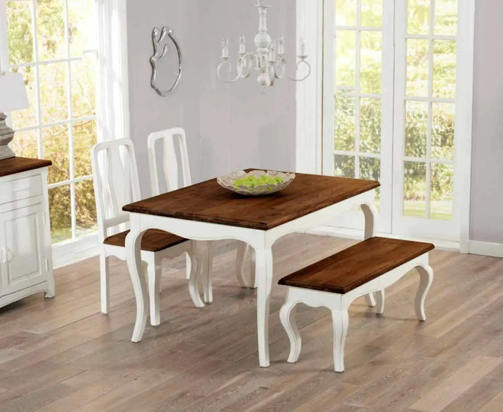 Translation missing: en.APRODZ Mango Wood Vaughan 4 Seater Dining Table Set for Home | One Bench and 2 Chair Dining Furniture | Brown &amp; White Finish