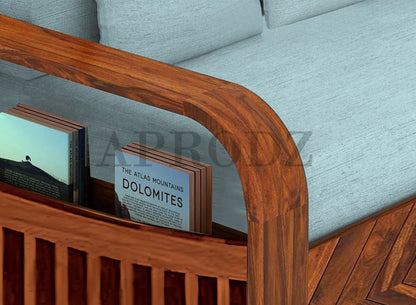 Sheesham Wood Sofa Cum Bed, 3 Seater, with Blue Upholstery, Diamond Pattern Design (75 x69 x30 Inch)