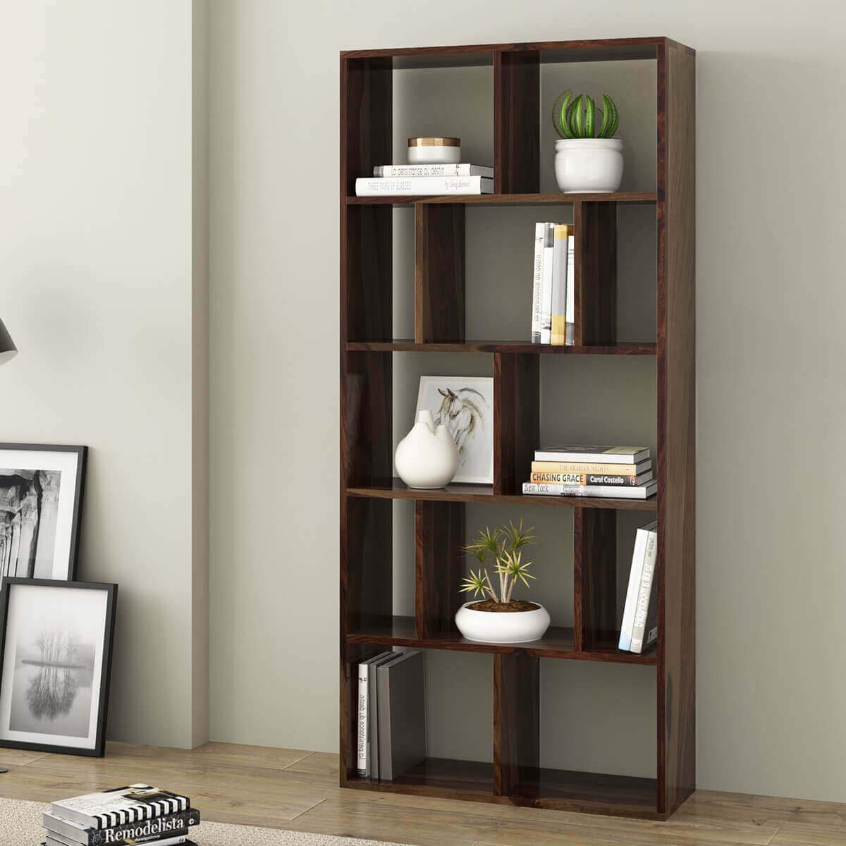 Lizzie Sheesham Wood Asymmetrical Cube Home Office Bookcase Aprodz