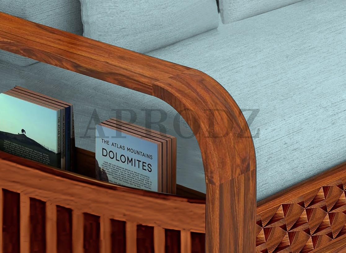 Sheesham Wood Sofa Cum Bed, 3 Seater with Blue Upholstery, Carved Panel Design (75 x69 x30 Inch)