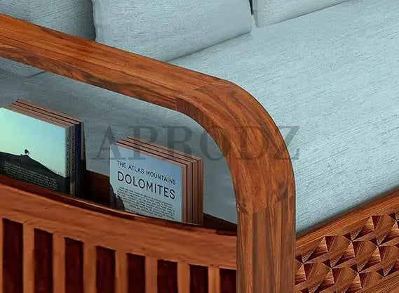 Sheesham Wood 3-Seater Sofa Cum Bed with Blue Upholstery and Carved Panel Design – Stylish, Comfortable, and Durable Convertible Sofa for Living Room  Sheesham Wood Sofa Cum Bed (3 Seater)