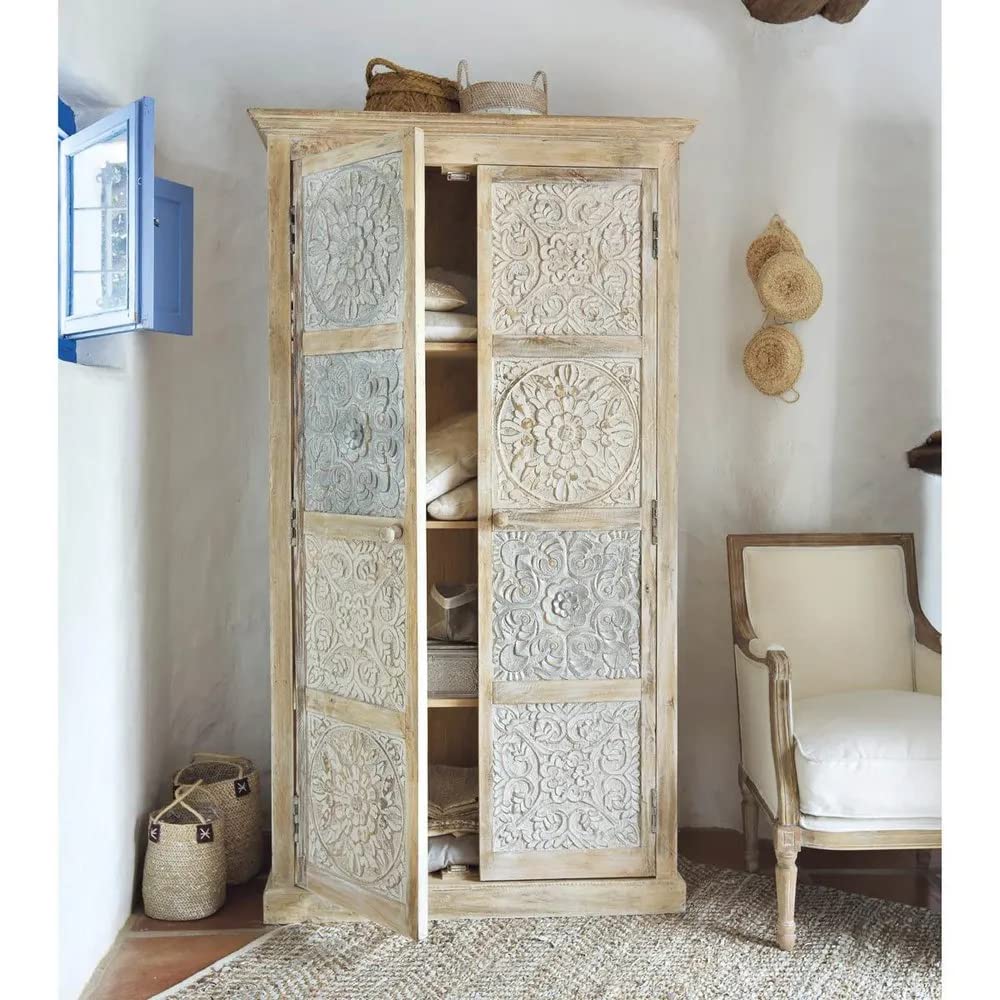 APRODZ Floreale Carved Mango Wood 2-Door Wardrobe Storage Almirah Cupboard for Cloths (White + Silver and Natural)