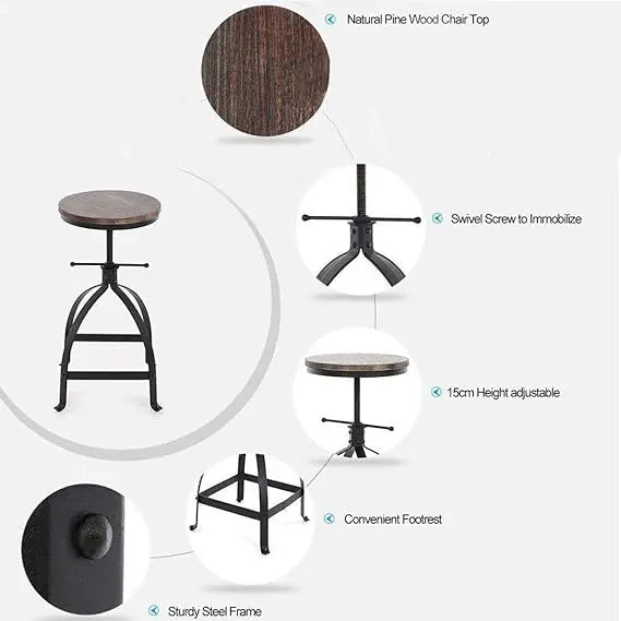 Vintage Bar Stool Swivel Coffee Kitchen Dining Chair Counter Height Adjustable 19.69”-25.59” Industrial Style 