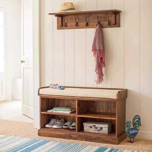 Wooden Multipurpose Cupboard & Shoe Rack – Spacious Storage Cabinet with Seating for Home, Entryway & Living Room (Large, Teak Finish)
