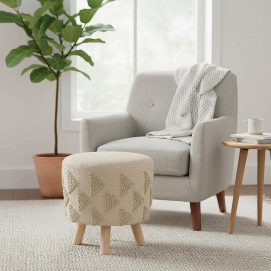 Printed Ottoman Stool Upholstered Foam Cushioned Pouffes for Living Room | Puffy Muddha Stool for Footrest & Sitting, Velvet Pouf Stool, Furniture for Home Decor, Office Set of 1 (Cream) 