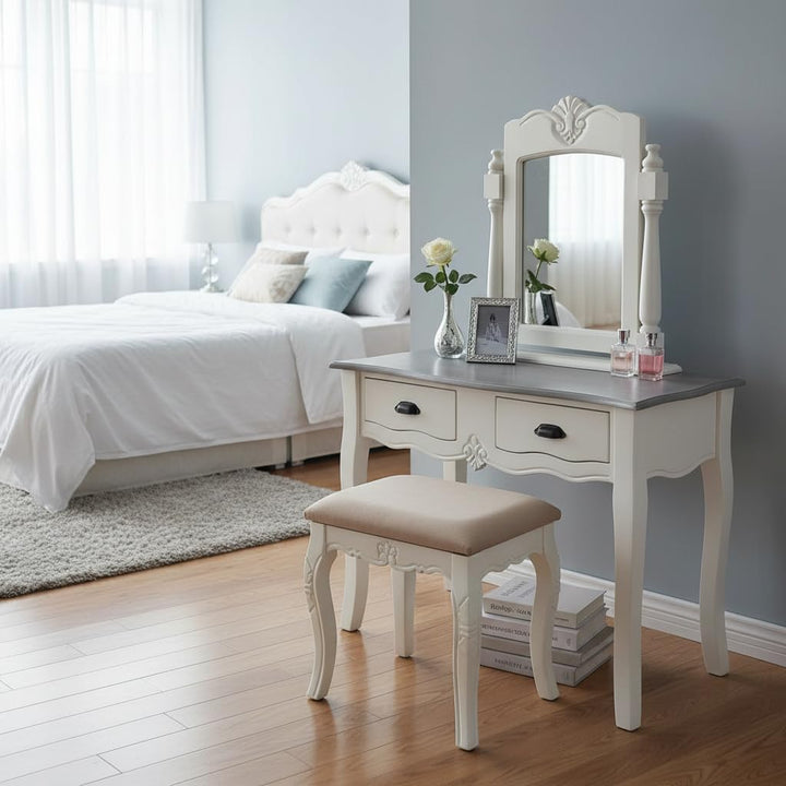 Translation missing: en.Wooden Antique Dressing Table with Stool for Living Room (White Finish) 