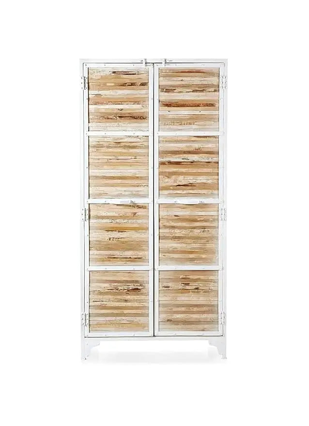 Translation missing: en.Regenerada Metal &amp; Recycled Wood 2‑Door Wardrobe – Natural &amp; White Powder‑Coated Almirah 