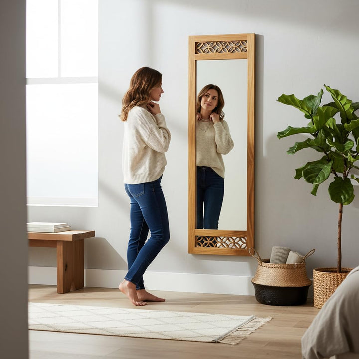 Translation missing: en.Solid sheesham Wood Full Length Floor Mirror for Bedroom Living Room Dressing Area Rectangular Mirror with Carved Sheesham Wood FrameModern Home Decor Furniture 