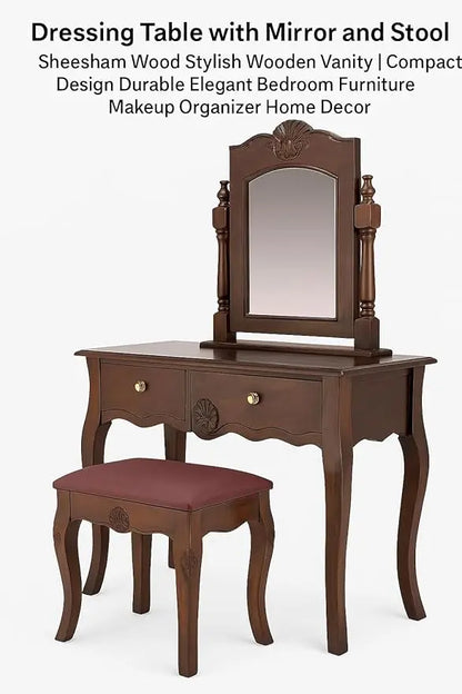 Dressing Table with Mirror and Stool | Sheesham Wood Stylish Wooden Vanity | Compact Design Durable Elegant Bedroom Furniture Makeup Organizer Home Decor (Brown) 