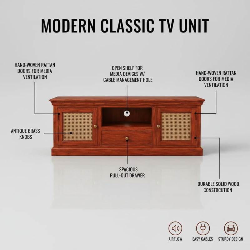 Sheesham Wood and Cane Tv Unit Cabinet | Two Door 