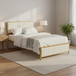 Upholstered Bed Modern Strip Headboard Footboard Platform Bed Frame with Heavy-Duty Metal Slats, No Box Spring Needed, Beige Fabric + Gold Powdercoated 