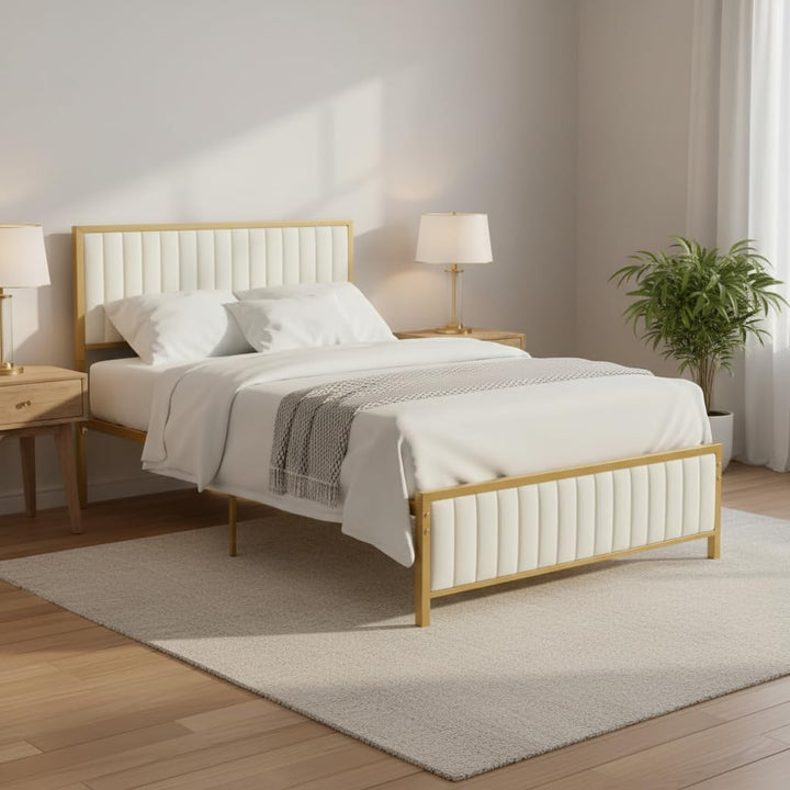 Translation missing: en.Upholstered Bed Modern Strip Headboard Footboard Platform Bed Frame with Heavy-Duty Metal Slats, No Box Spring Needed, Beige Fabric + Gold Powdercoated 
