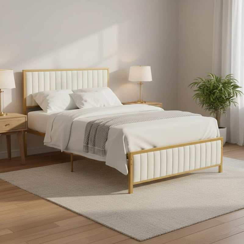 Upholstered Bed Modern Strip Headboard Footboard Platform Bed Frame with Heavy-Duty Metal Slats, No Box Spring Needed, Beige Fabric + Gold Powdercoated 