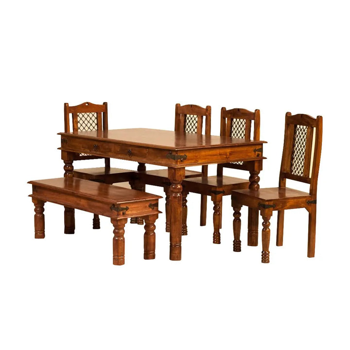 Translation missing: en.APRODZ Sheesham Wood Reyk 6 Seater Dining Table Set with 1 Bench &amp; 4 Chairs for Home Dining Room Furniture (Brown Finish)