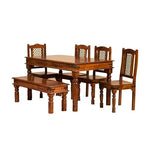 Sheesham Wood Reyk 6-Seater Dining Table Set with Bench & Chairs – Brown Finish 