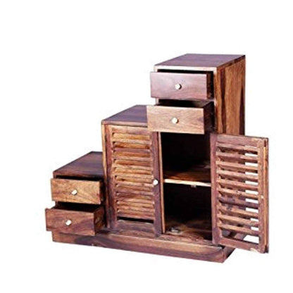 APRODZ Sheesham Wood Storage Zuni Shoe Rack Cabinet for Living Room | 2 Shelf 4 Drawer Shoe Organizer | Brown