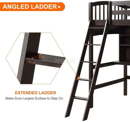 APRODZ Acelea Twin Loft Mango Wood Bunk Bed with Desk Espresso Finish