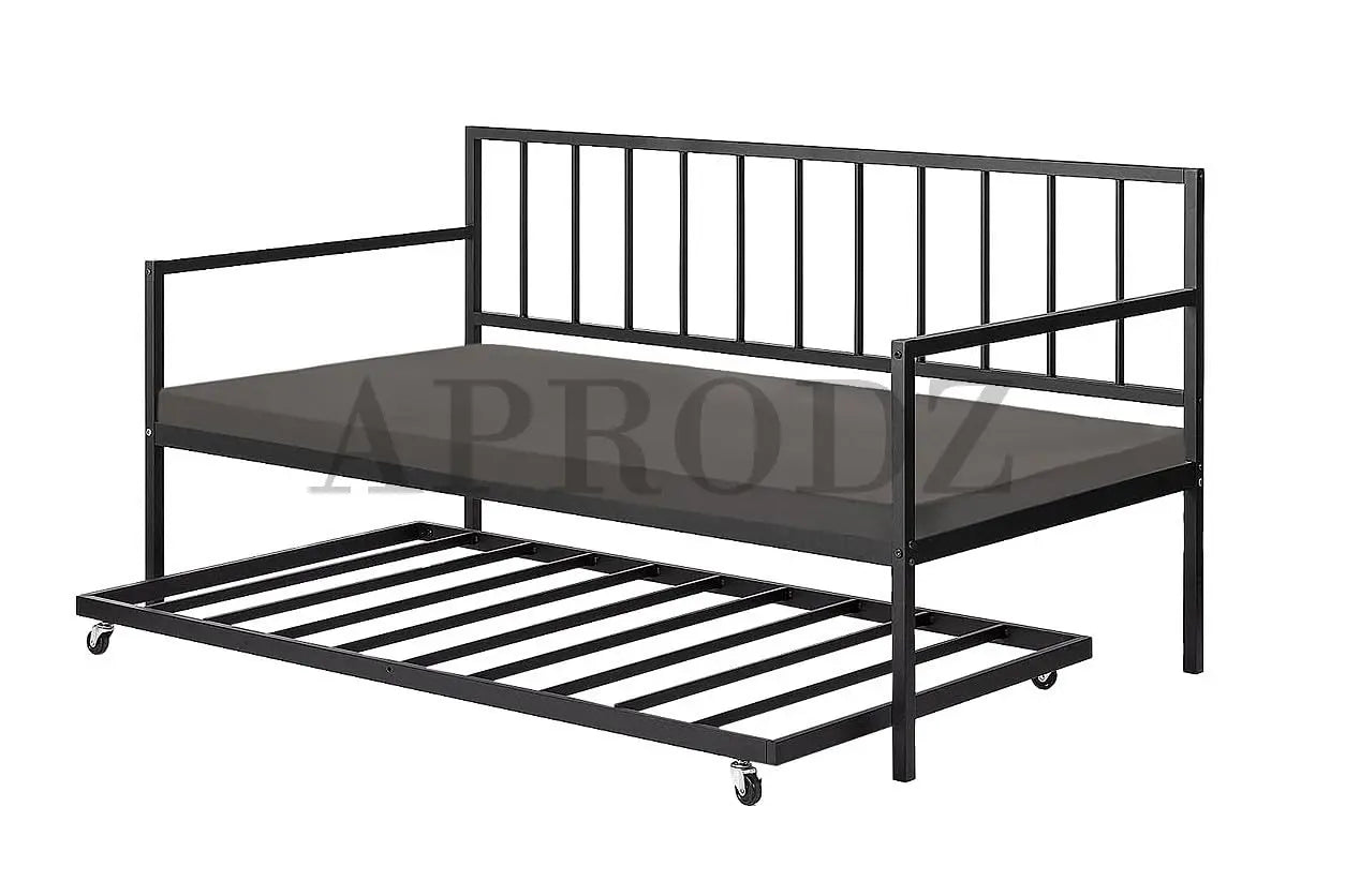 Suniz Twin Size Metal Daybed with Trundle Bed, (Foam Mattress -Metal - Black Powdercoated) 