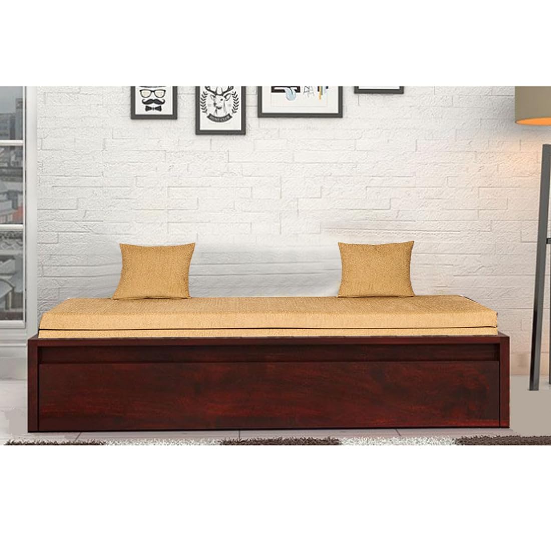 APRODZ Sheesham Wood Hosia Bed for Bedroom Living Room Divan with Storage- Mahogany Finish