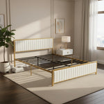 Upholstered Bed Modern Strip Headboard Footboard Platform Bed Frame with Heavy-Duty Metal Slats, No Box Spring Needed, Beige Fabric + Gold Powdercoated 