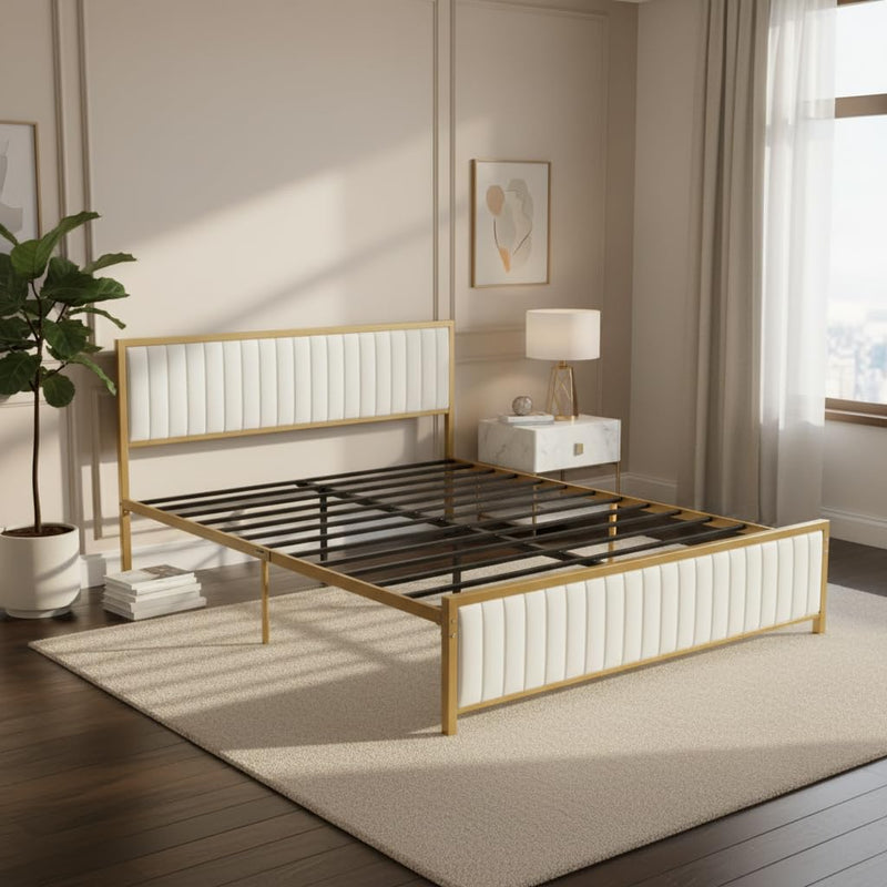 Upholstered Bed Modern Strip Headboard Footboard Platform Bed Frame with Heavy-Duty Metal Slats, No Box Spring Needed, Beige Fabric + Gold Powdercoated 