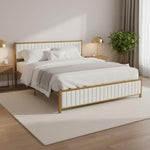 Upholstered Bed Modern Strip Headboard Footboard Platform Bed Frame with Heavy-Duty Metal Slats, No Box Spring Needed, Beige Fabric + Gold Powdercoated 
