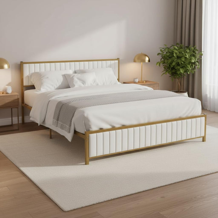 Translation missing: en.Upholstered Bed Modern Strip Headboard Footboard Platform Bed Frame with Heavy-Duty Metal Slats, No Box Spring Needed, Beige Fabric + Gold Powdercoated 