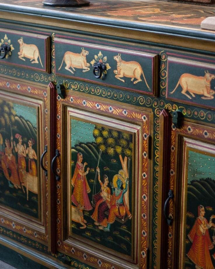 Translation missing: en.Wooden Handpainted Cabinet | Cabinet for Storage Wooden Furniture | Radha Krishna Sideboard 