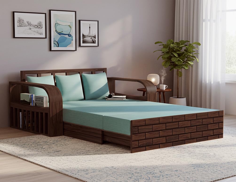 Sheesham Wood Sofa Cum Bed, 3 Seater with Blue Upholstery (75 x69 x30 Inch)