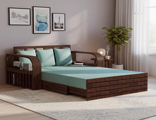 Sheesham Wood Sofa Cum Bed, 3 Seater with Blue Upholstery (75 x69 x30 Inch)