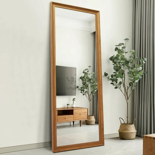 Full Length Mirror with Wooden Frame | 65×22 Inch Floor Standing Full Body Mirror | HD Large Dressing Mirror with Stand & Wall Hanging Option for Bedroom, Living Room & Studio 