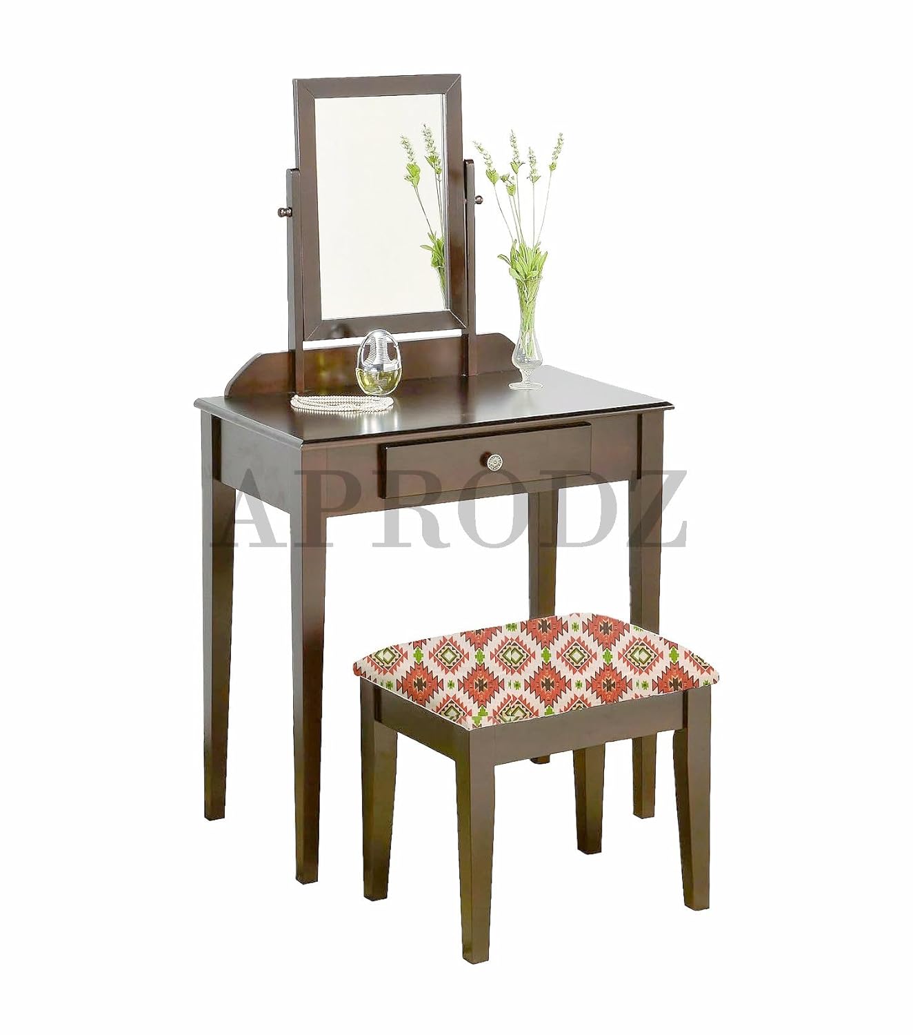 APRODZ Acacia Wood Dressing Table with Portable Stool for Living Room (Brown Finish)