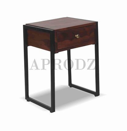 Solid Sheesham Wood and Metal 1 Drawer Bedside Table for Bedoom & Living Room Furniture (Rosewood Finish)