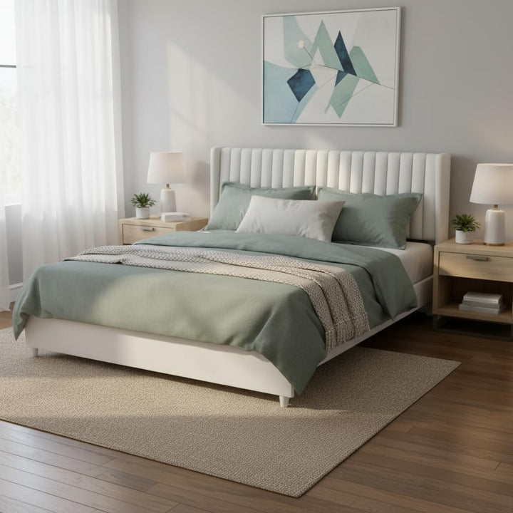 Translation missing: en.Upholstered Bed Frame with Channel Tufted Headboard, Beige + Leg Wood Black 