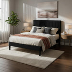 Upholstered Platform Bed with Adjustable Headboard, Leg Wood Black + Black Fabric 