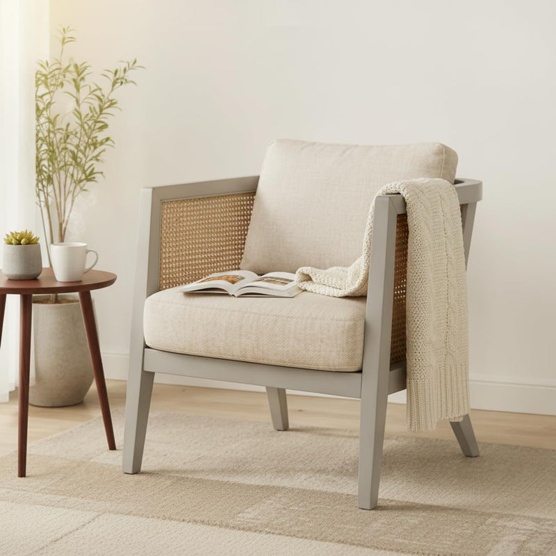 Mid Century Modern Solid Wood Accent Chair with Cane Back & Cushion 