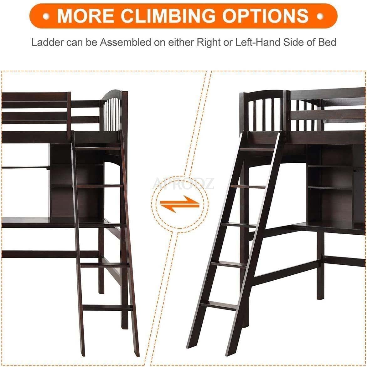 APRODZ Acelea Twin Loft Mango Wood Bunk Bed with Desk Espresso Finish