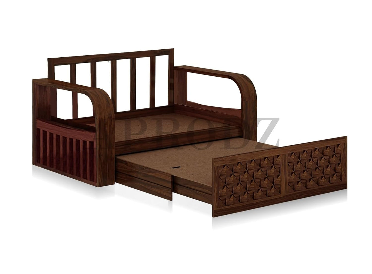 Sheesham Wood Sofa Cum Bed, 2 Seater with Storage, Geometric Design (75 x 51 x 30 Inch)