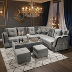 L-Shaped Sectional 6-Seater Sofa with Coffee Table & 2 Ottoman Padded Armrest Perfect Velvet Fabric Corner Sofa for Guests Living Room, Drawing Room, Office & Lounge (Grey) 