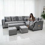 L-Shaped Sectional 6-Seater Sofa with Coffee Table & 2 Ottoman Padded Armrest Perfect Velvet Fabric Corner Sofa for Guests Living Room, Drawing Room, Office & Lounge (Grey) 