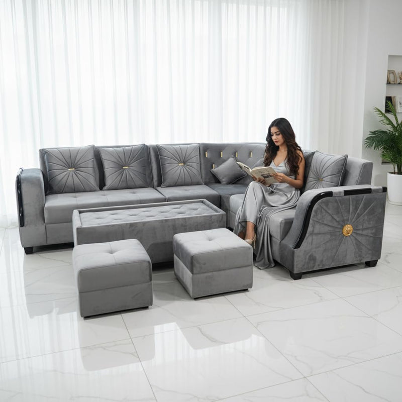 L-Shaped Sectional 6-Seater Sofa with Coffee Table & 2 Ottoman Padded Armrest Perfect Velvet Fabric Corner Sofa for Guests Living Room, Drawing Room, Office & Lounge (Grey) 
