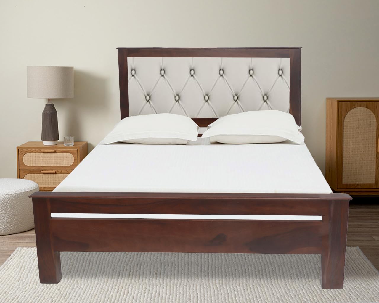 Fluted Upholstered Fabric Queen Size Design Bed Without Storage (sheesham Wood)