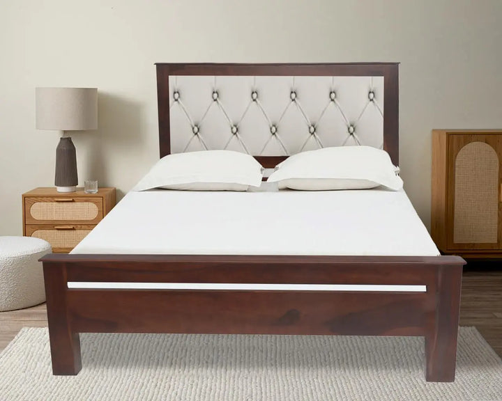Translation missing: en.Fluted Upholstered Fabric Queen Size Design Bed Without Storage (sheesham Wood) 