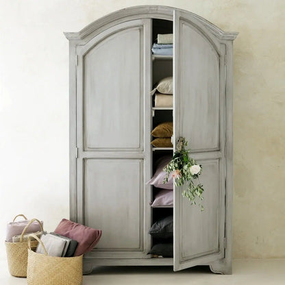 Mango Wood Double Doors Multipurpose Storage Perko Wardrobe Almirah for Bedroom | Gery 