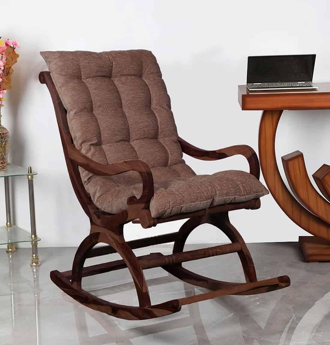 Narkali Sheesham Wood Ergonomic Rocking Chair with Cushion (Wood Finish) 